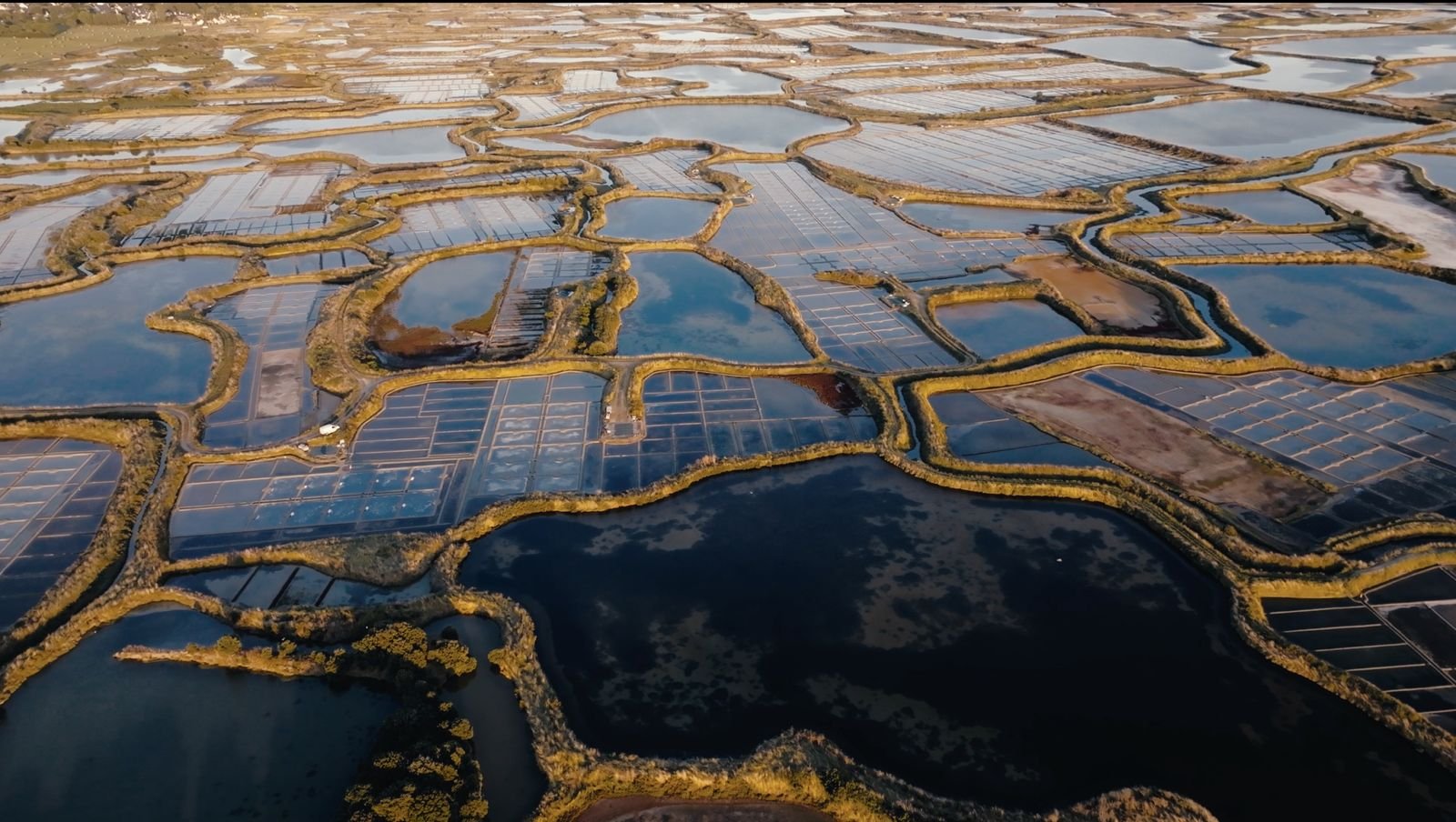 Vue aérienne au drone de marais salants en Bretagne, au coucher du soleil